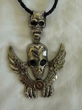 Silver Skull Wing Pendant Necklace